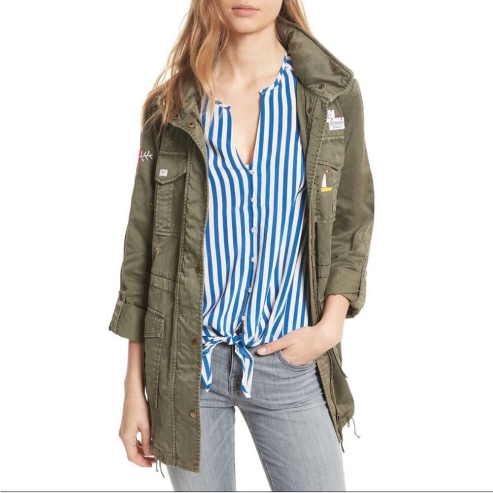 Joie Iban Fatigue Patchwork Cotton Utility Jacket in Olive Green.